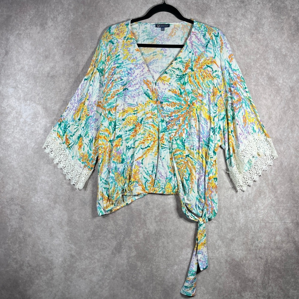 Democracy Wrap Top Womens XL Multicolor Floral Lace Trim Surplice Boho Blouse